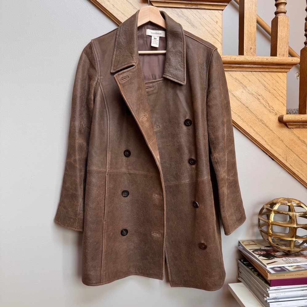 Sundance Brown Weathered Leather Double Breasted Pea Coat Jacket Women Small EUC